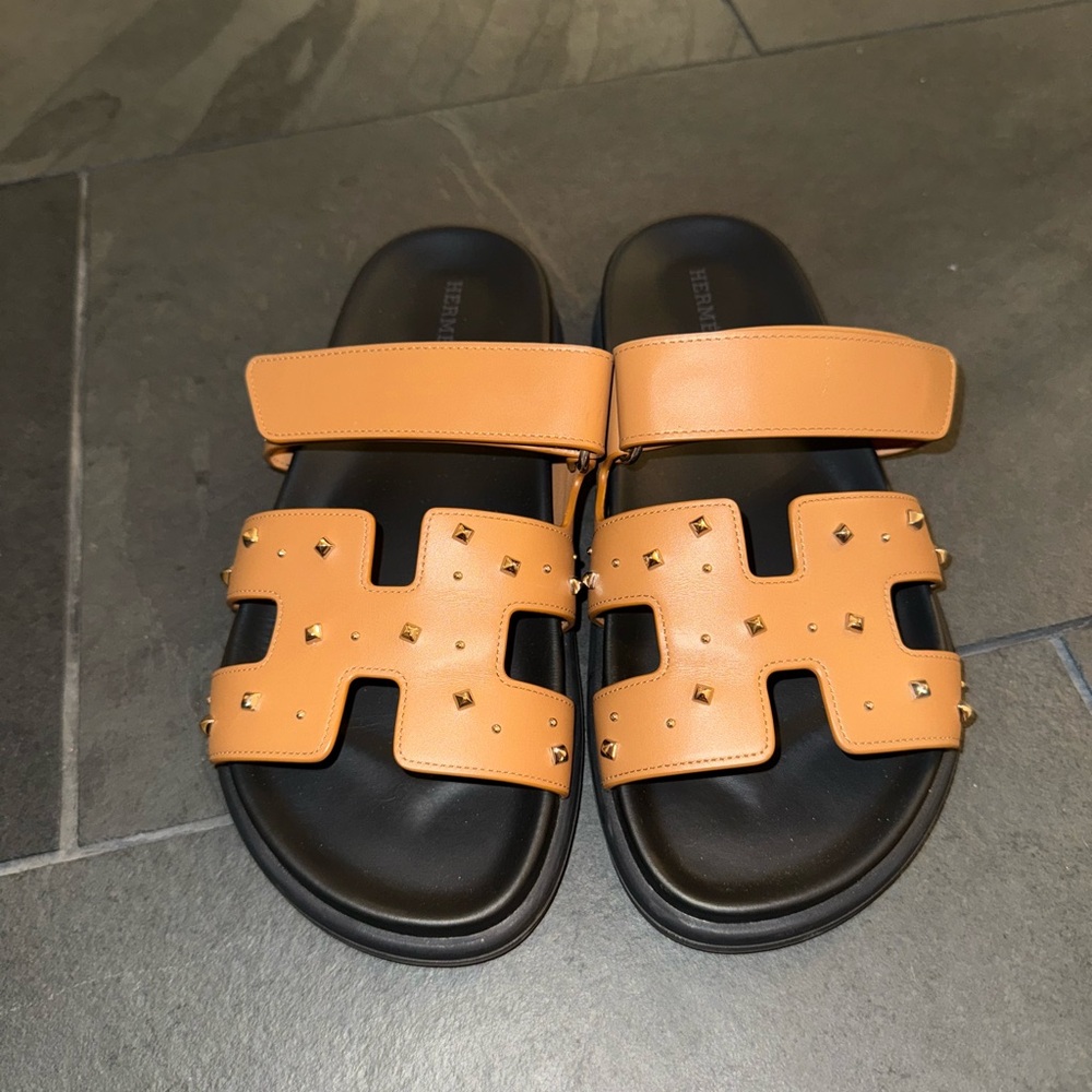 Hermes Chypre Techno Sandals Naturel Studded Calfskin Palladium Hardware